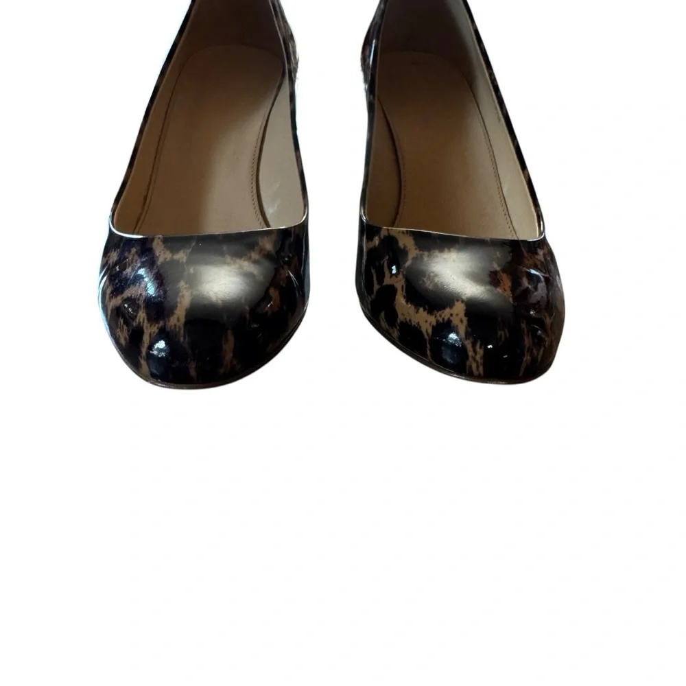 J Crew Size 7 Black/Tan Patent Leather Leopard Print Wedge Shoes Heels